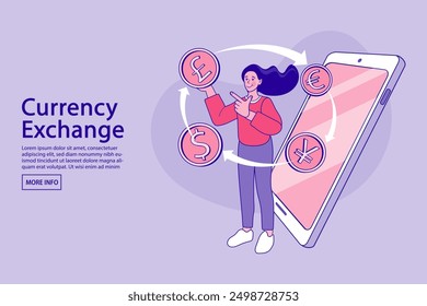 Businessman with foreign currency. Savings or income increase, growth. Business Coach Explaing Finance Strategy. Social network landing page. Girl with money. exchange rate. Flat design vector outline