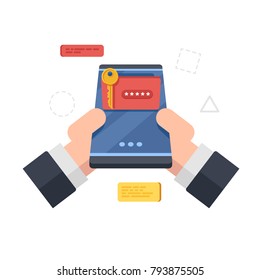 Businessman Forgot Password From The Card.Safe Online Wallet App. Two Hands Are Holding Smartphone. Vector Flat Illustration Isolated On White Background