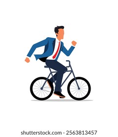 A businessman in formal attire riding a bicycle, representing eco-friendly transportation, work-life balance, and the commitment to sustainable professional practices