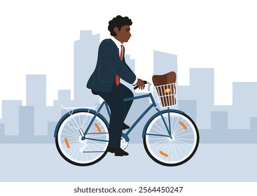 Businessman in formal clothes on bike. African ethnicity man cycling in city