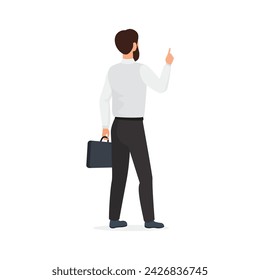 Businessman in formal clothes walking, male employee with briefcase pointing with finger, rear view vector illustration