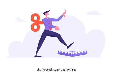 Businessman in Formal Suit with Clockwork Key Mechanism on Back Step into Trap on Ground. Manipulated Business Man Character Problem Ignorance, Searching Solution. Cartoon Flat Vector Illustration