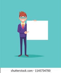 Businessman in formal suit holding a blank sheet and pointing by index finger to it. Template for text. Cartoon style, vector illustration, flat design.