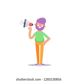 A businessman in formal suit holding megaphone and shouting in it. Cartoon character - manager with bullhorn. Business concept. Vector flat design illustration.