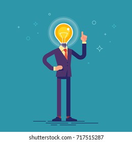 Businessman in formal suit with light bulb instead of his head and a raised finger up. Idea concept. Modern vector illustration in flat style.