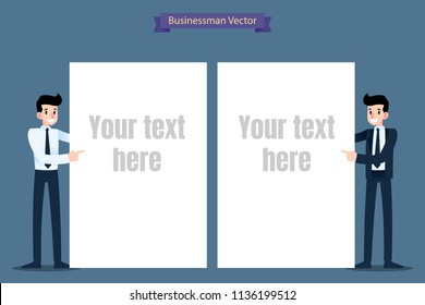 Businessman in formal suit pointing to a blank sheet by his finger. Ready to edit text template.