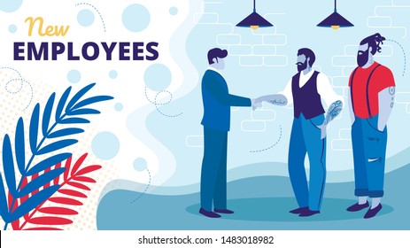 Businessman in Formal Suit Shaking Hand of Hipster Bearded Man with Tattoos on Hands Welcome New Employees in Modern Office Area. Acquaintance with Creative Team. Cartoon Flat Vector Illustration