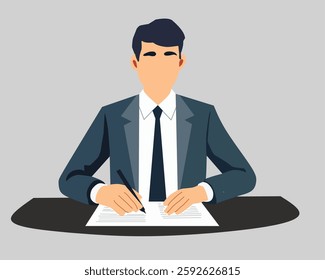 Businessman in a formal suit sitting at a desk and signing a document. Professional office worker, corporate employee, or manager working with paperwork.