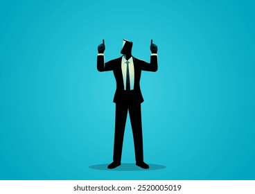 Businessman in formal suit standing with both hands pointing up