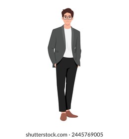 Businessman in formal suit standing with hands in pockets. Flat vector illustration isolated on white background