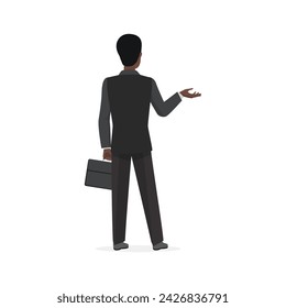 Businessman in formal suit standing and holding briefcase, rear view of man gesture vector illustration