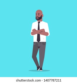 businessman in formal wear folded hands standing pose smiling male cartoon character african american business man office worker posing flat full length