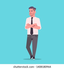 businessman in formal wear folded hands standing pose smiling male cartoon character business man office worker posing flat full length