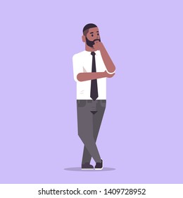 businessman in formal wear holding hand on chin standing pose smiling african american male cartoon character business man office worker posing flat full length