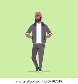 businessman in formal wear holding hands in pockets standing pose smiling male cartoon character african american business man office worker posing flat full length