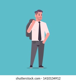 businessman in formal wear holding jacket on shoulders standing pose smiling male cartoon character business man office worker flat full length