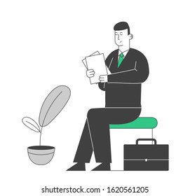 Businessman in Formal Wear Holding Paper Documents in Hands Waiting Appointment in Bank. Electronic Queue System, Customer or Business Man Prepare for Deal. Cartoon Flat Vector Illustration, Line Art