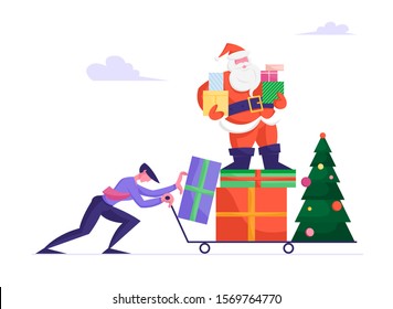 Businessman in Formal Wear Pushing Manual Trolley with Santa Claus Character Standing on Pile of Presents Holding Gift Boxes in Hands near Decorated Christmas Tree. Cartoon Flat Vector Illustration
