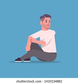 businessman in formal wear sitting pose smiling male cartoon character business man office worker posing on blue background flat full length