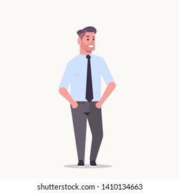 businessman in formal wear standing pose smiling male cartoon character business man office worker posing on white background flat full length
