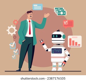 Businessman in formalwear and robot vector illustration. Money, diagrams, checkmarks. Businessman discussing business with robot. Artificial intelligence, modern technology concept