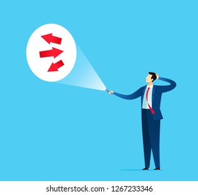 Businessman found an awful direction arrow guide and get confused. Business concept vector illustration.