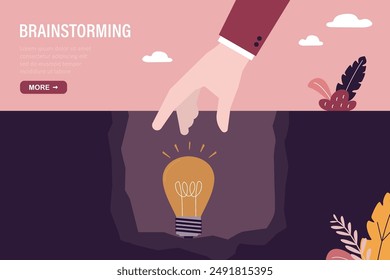 Businessman found glowing light bulb inside cave, symbolizing brainstorming, innovations, ambitions. Creativity, pitching ideas, human hand take lightbulb from pit. flat vector illustration