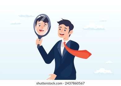 Businessman found himself from mirror thinking about self awareness, aware of different aspect of self, behaviours and feelings, psychology state of oneself becomes focus of attention (Vector)