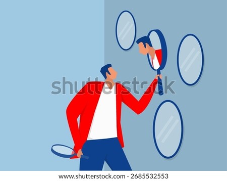 Businessman found himself from mirror thinking about self awareness.A man finds himself in the mirror.self awareness challenges illustration