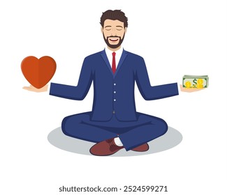 Businessman found his balance with love and money. Business man sitting and mindful meditating in lotus asana in zen peace and mental calmness. Vector illustration in flat style