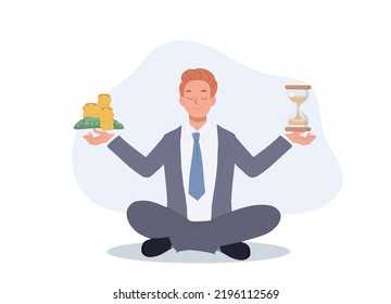 Businessman found his balance with time and money.Businessman is meditation. vector illustration.