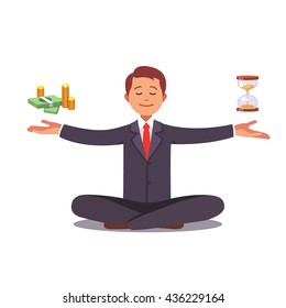 Businessman found his balance with time and money. Business man sitting and mindful meditating in lotus asana in zen peace and mental calmness. Flat style vector illustration clipart.