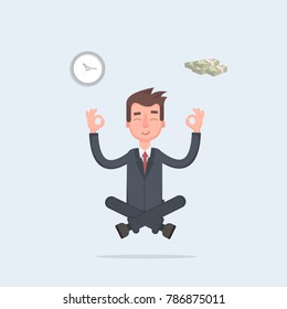 Businessman found his balance with time and money. Business man sitting and mindful meditating in lotus asana in zen peace and mental calmness. Vector illustration of a flat design.