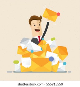 Businessman Found Right Letter In A Pile Of Emails. A Lot Of Emails, Spam, Direct Mail. Vector, Illustration, Flat