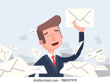 Businessman Found Right Letter In A Pile Of Emails. A Lot Of Emails, Spam, Direct Mail. Vector Illustration Of A Flat Design.