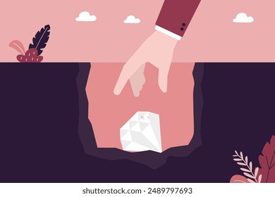 Businessman found treasure or diamond inside cave, symbolizing reward for courage and ambition. Success business achievement exploring concept. Human hand take brilliant from pit. vector illustration