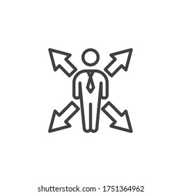 Businessman and four direction arrows line icon. linear style sign for mobile concept and web design. Opportunity outline vector icon. Work flexibility symbol, logo illustration. Vector graphics