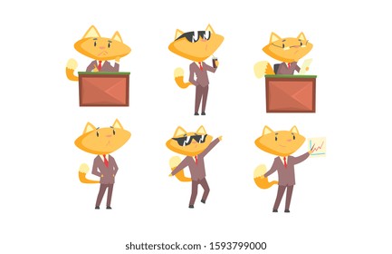 Businessman Fox Character Drinking Beverage Vector Illustrations Set