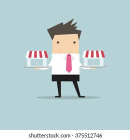 Businessman with franchise shop on tray, franchise concept. vector. flat design