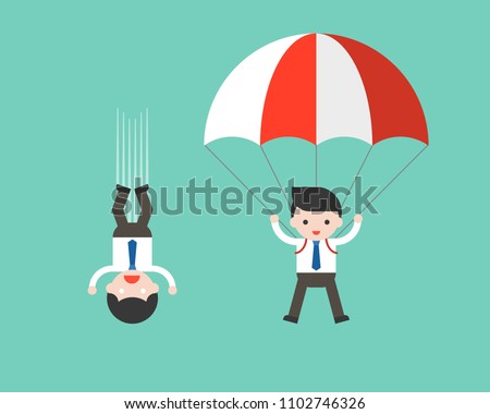 Businessman free fall from sky and Businessman using parachute, result of risk management concept