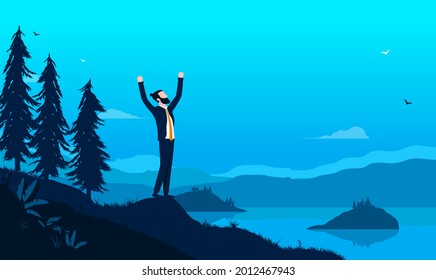Businessman Freedom - Man Standing In Formal Wear Outdoors In Nature With Raised Hands, Feeling Free And Happy. Time Of Work, And Furlough Concept. Vector Illustration