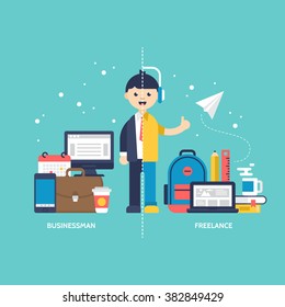 Businessman and freelance concept with flat icons. Isolated vector illustration 