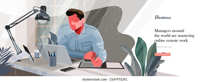 Businessman freelance marketer works from home remotely online. Vector modern illustration of a man at a computer at a table in the office or at home.