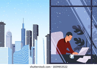 Businessman, freelancer or clerk working at an office desk in front of a laptop by the window. Panoramic view of the modern city in winter. Flat vector illustration.