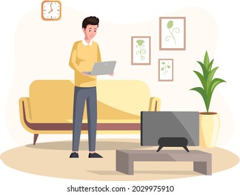 Businessman or freelancer, student standing at home with laptop. Working from home office. Young man with computer and doing his work. Office employee solves task remotely with tablet, communicates