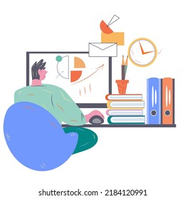 Businessman or freelancer working, analysing business graphs and sending mail, flat vector illustration isolated on white background. Analyst, business manager or freelancer at workplace.