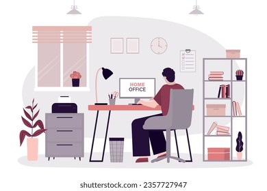 Businessman or freelancer working at computer. Male character sits at desktop and works. Concept of remote work and freelance. Home office. Workplace interior design. Person back view. flat vector