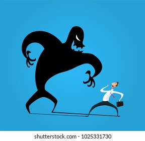 Businessman Frightened With His Own Shadow. The Concept Of Uncertainty In Doing Business. A Novice In Business, Dishonest Business, Tax Evasion.