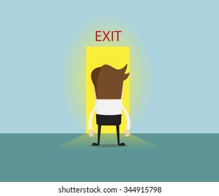 businessman at front of exit door with lighting from door, business concept cartoon vector illustration