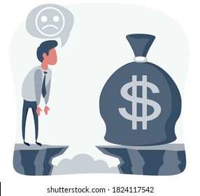 Businessman in front of a gap and looking for the money bag. Goal achievement concept. Vector illustration. Flat design.